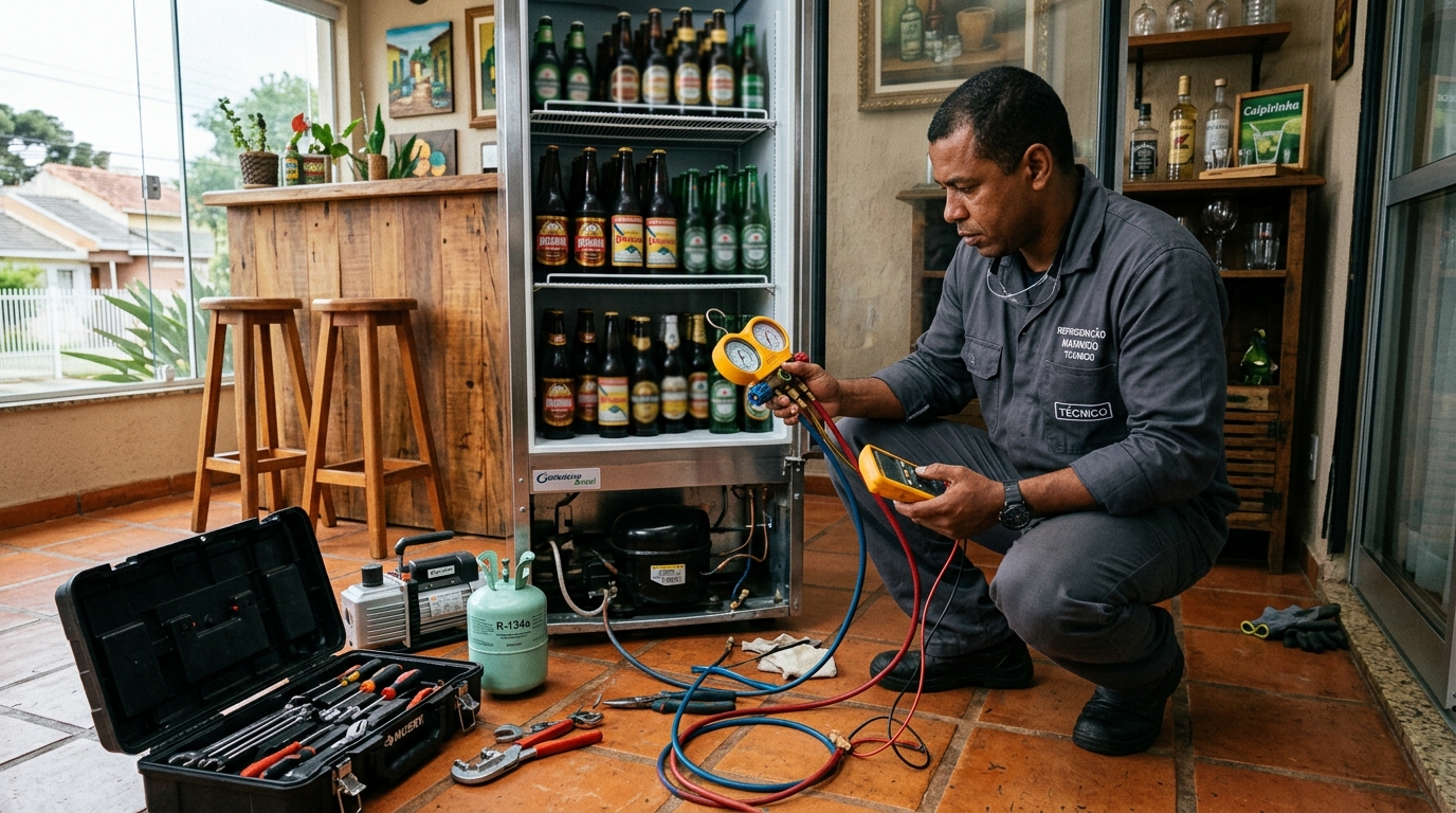 Profissional executando reparo no motor de cervejeira em Piracicaba‑SP