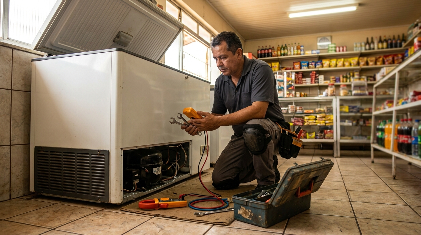 Profissional executando manutenção no motor de freezer em Piracicaba‑SP