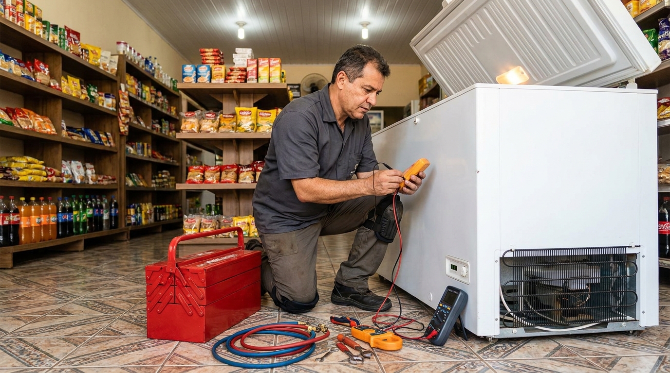 Recarga de gás refrigerante no freezer durante atendimento em Piracicaba‑SP